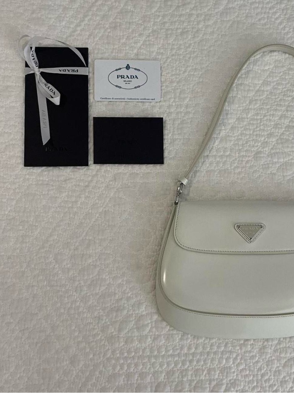 Prada Cleo Flap Shoulder Bag 
Spazzolato Leather Small White
